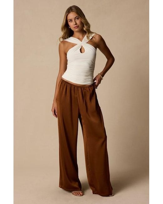 Lulus Natural Amala Satin Mid-Rise Wide-Leg Pants