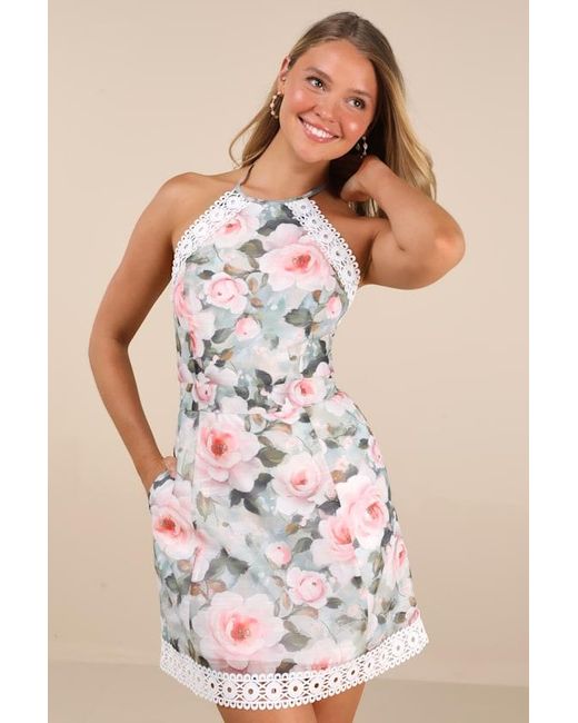Lulus Green Elianna Sage Floral Crochet Lace Backless Mini Dress