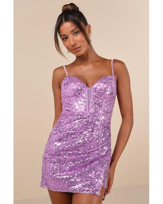 Lulus Purple Magnificent Allure Mesh Sequin Bustier Mini Dress