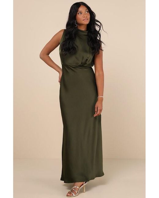 Lulus Green Classic Elegance Satin Sleeveless Mock Neck Maxi Dress