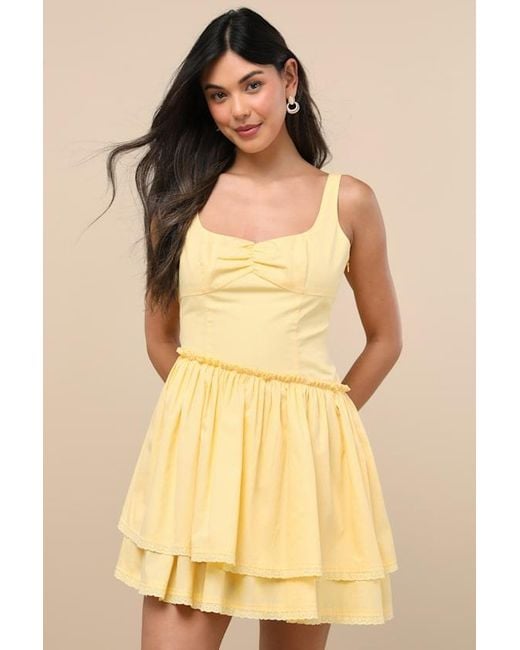 Lulus Women's Natural Aspyn Tiered Asymmetrical Mini Dress
