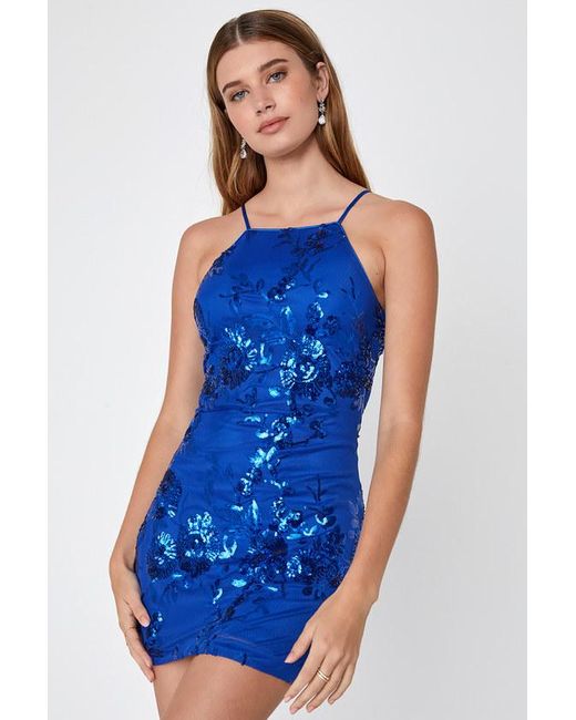 Lulus Blue Ravishing Shine Mesh Sequin Halter Mini Dress