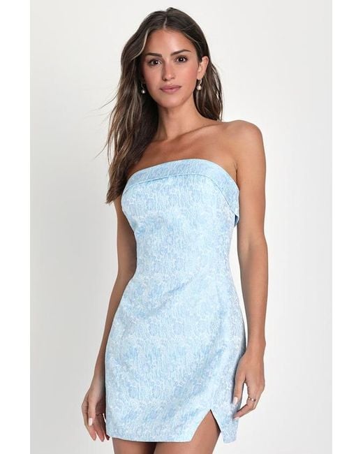 Lulus Blue Delicate Destiny Jacquard Strapless Mini Dress