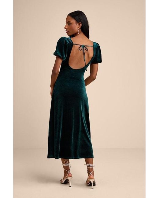 Lulus Black Obrissa Emerald Velvet Puff Sleeve Tie-Back Midi Dress