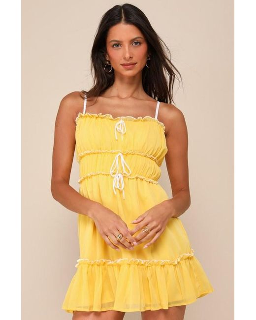 Lulus Yellow Exceedingly Perfect Chiffon Tiered Ruffled Mini Dress