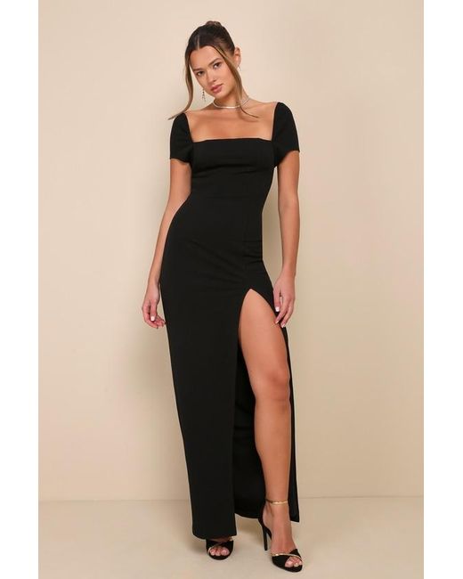 Lulus Black Magnificent Impression Square Neck Short Sleeve Maxi Dress