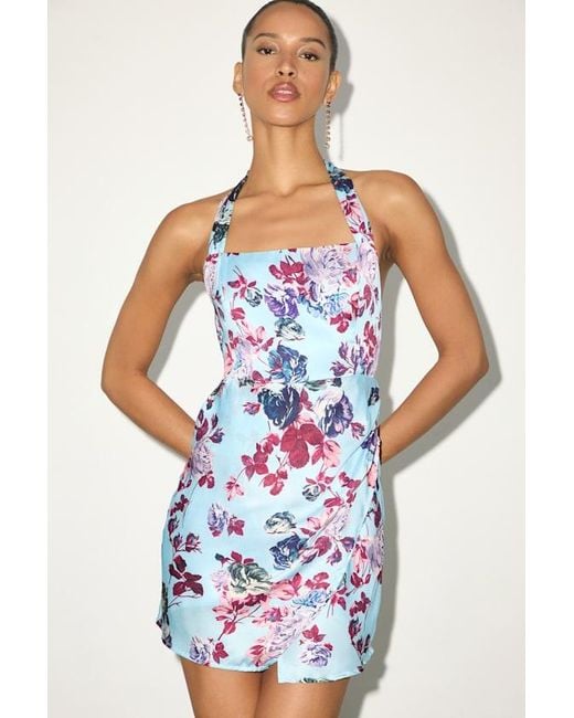 Lulus Blue Zhenya Floral Satin Halter Mini Dress