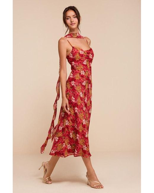 Lulus Red Rosetta Multi Floral Midi Dress And Scarf Set