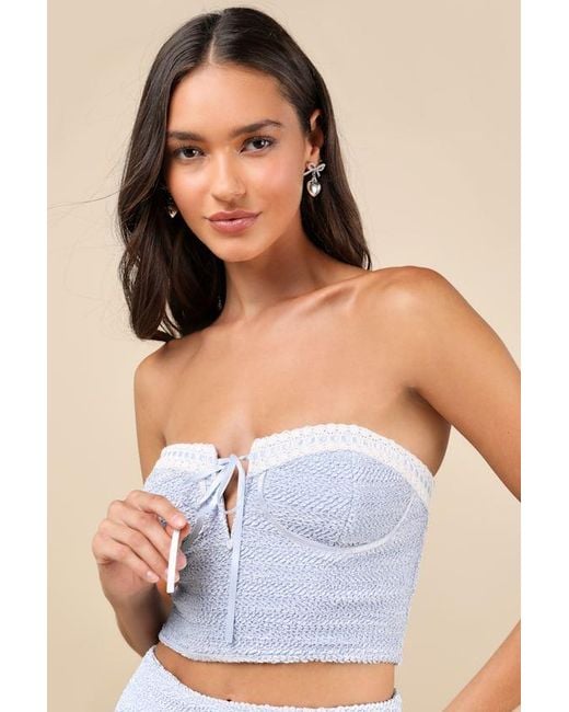 Lulus Blue Trendsetting Flirt Crinkled Strapless Bustier Bow Top
