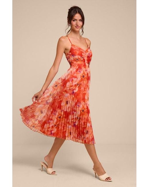 Lulus Red Whitley Floral Pleated Sleeveless Midi Dress