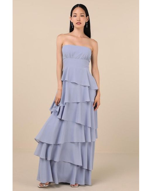 Lulus Blue Gorgeous Essence Strapless Tiered Maxi Dress