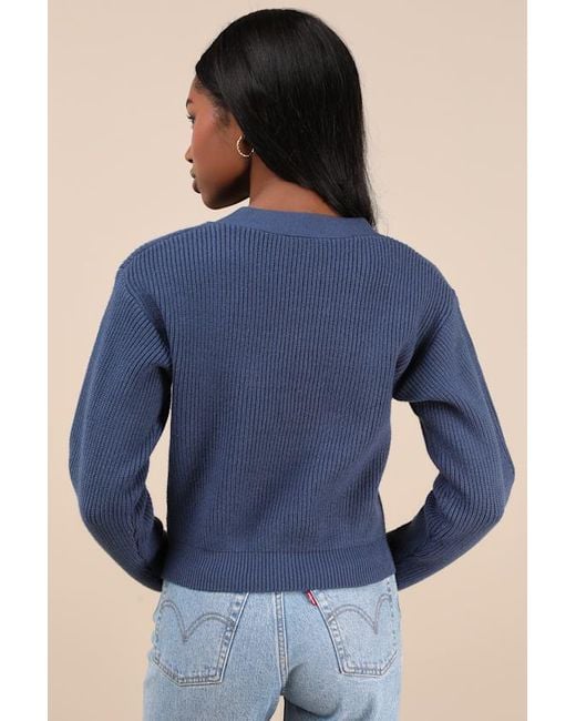 Lulus Blue Toasty Babe Knit Button-Up Cropped Cardigan