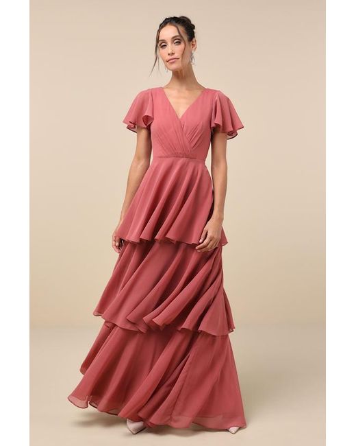 Lulus Sincerely Exquisite Rusty Rose Short Sleeve Tiered Maxi Dress