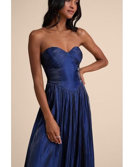 Lulus Blue Kylin Satin Basque Waist Maxi Dress