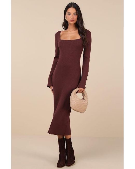 Lulus Natural Classy Attitude Ribbed Square Neck Midi Sweater Dress