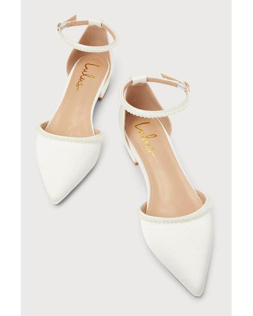 Lulus Natural Phoebee Satin Pearl Pointed-Toe Ankle Strap Flats