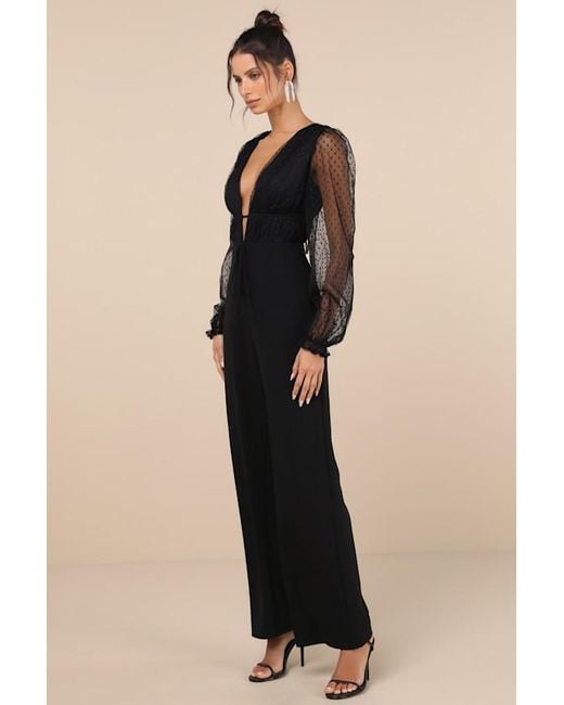 Lulus Black Sweet Twist Swiss Dot Tulle Long Sleeve Jumpsuit