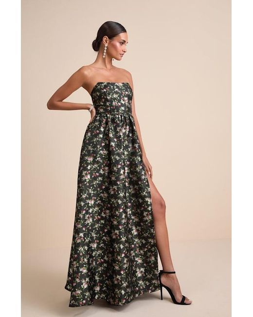 Lulus Black Rainie Floral Jacquard Strapless Lace-Up Maxi Dress