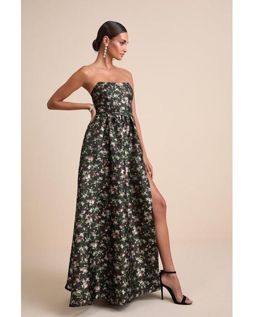 Lulus Black Rainie Floral Jacquard Strapless Lace-Up Maxi Dress