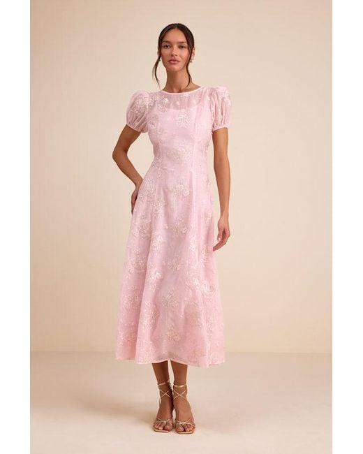 Lulus Pink Elfrieda Blush Floral Embroidered Puff Sleeve Midi Dress
