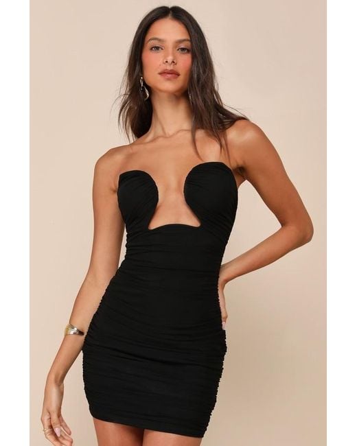princess polly baby blue dress Lulus Enticing Always Mesh Strapless Cutout U-Bar Mini Dress in Black
