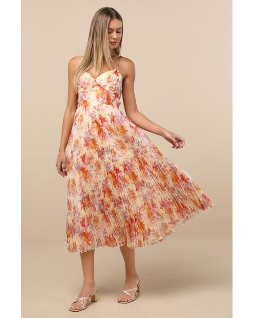 Lulus Pink Alondra Multi Floral Pleated Midi Dress