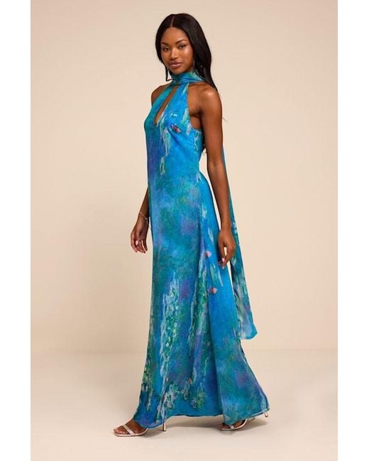 Lulus Blue Calixta Abstract Chiffon Sash Shift Maxi Dress