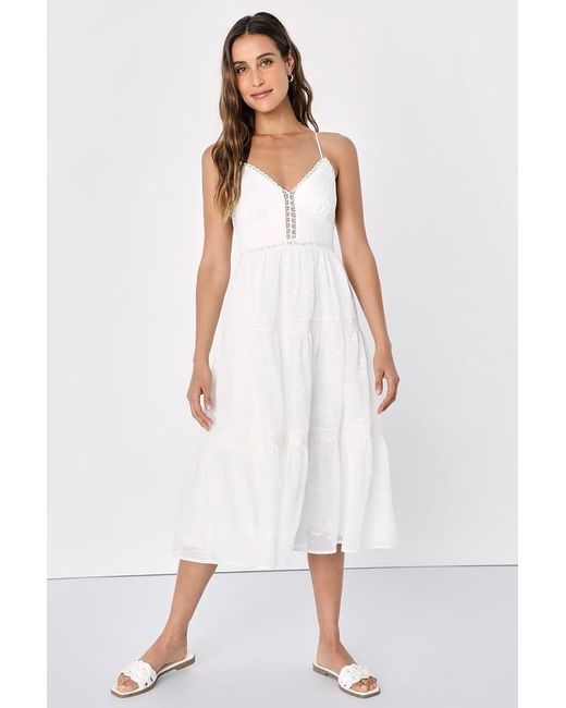 Lulus White Forever Your Darling Embroidered Lace Backless Midi Dress