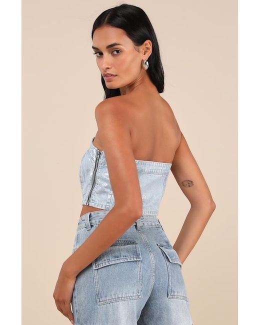 Glamorous Blue Modern Shine Light Wash Metallic Coated Denim Crop Top