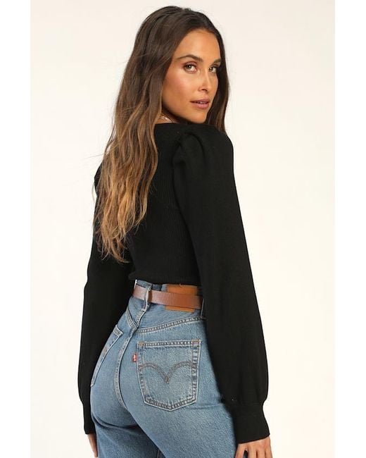 Lulus Black Trendy Classic Ribbed Knit Balloon Sleeve Top