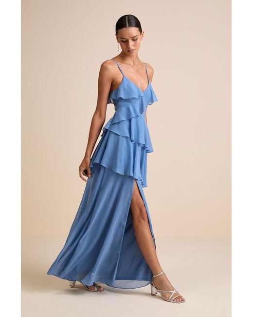 lulus dusty blue dress Dusty Blue Maxi Dress - Pleated Dress - Asymmetrical Tiered Dress