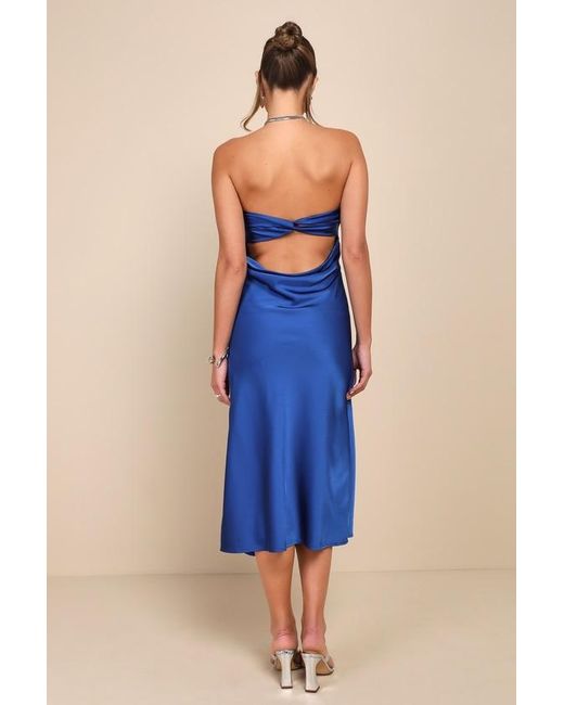 Lulus Blue Effortless Bliss Royal Satin Strapless Cowl Back Midi Dress