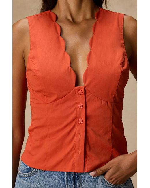 Lulus Orange Seasonally Lovely Scalloped Button-Front Poplin Top