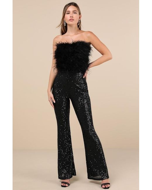 Lulus Black Unbelievable Energy Sequin Feather Strapless Jumpsuit