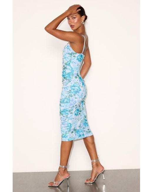 Lulus Blue Date Night Beauty Floral Print Mesh Ruched Midi Dress