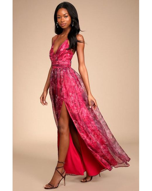 Lulus Red Romance That Wows Floral Print Organza Maxi Dress
