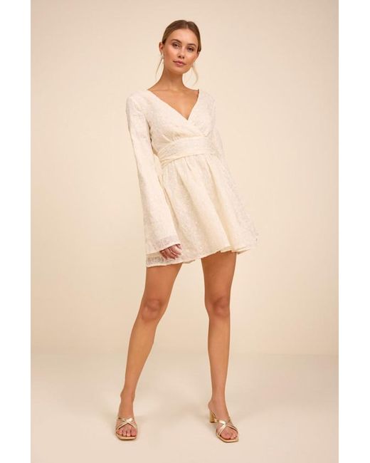 Lulus Natural Catarina Embroidered Sequin Long Sleeve Mini Dress