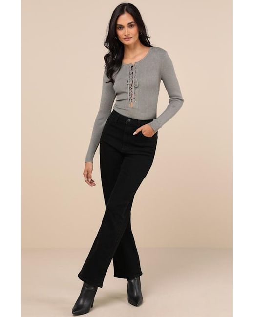 Lulus Gray Intriguing Favorite Lace-Up Sweater Top