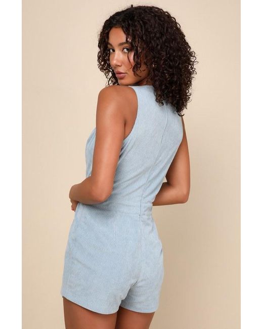Lulus Blue Cute Mindset Corduroy Faux-Wrap Skort Romper