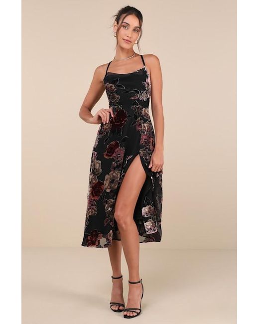 Lulus Natural Exuberant Vibes Floral Velvet Burnout Tie-Back Midi Dress