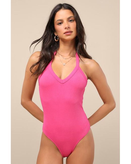 Lulus Pink Chic Contentment Ribbed Sleeveless Halter Bodysuit