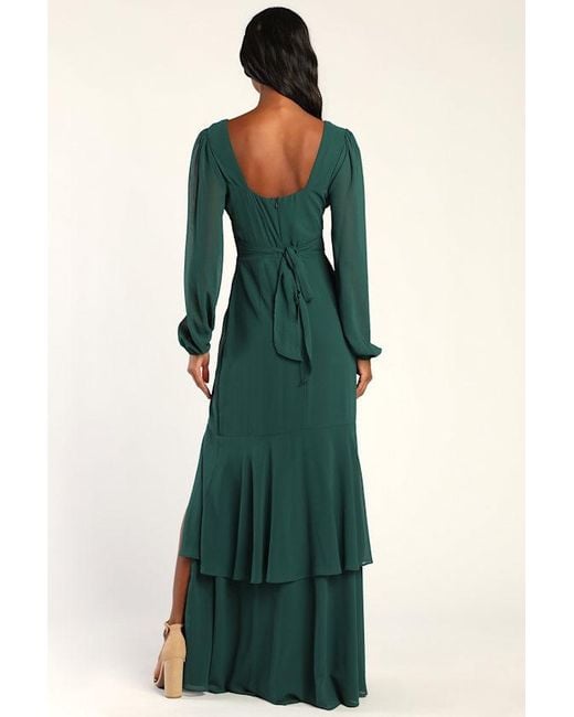 Lulus Blue Tier Elegance Hunter Long Sleeve Tiered Maxi Dress