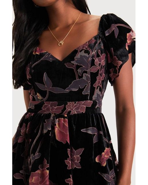 Lulus Black Oh-So Lovely Floral Burnout Velvet Tiered Midi Dress