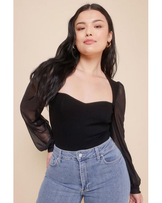 Lulus Blue Sensational Sweetheart Ribbed Balloon Sleeve Bodysuit