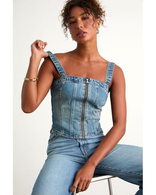 Levi's Blue Sculpted Bustier Medium Wash Zip-Front Denim Bustier Top