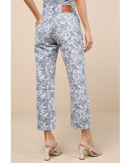 Levi's Blue 501 90's Ankle Medium Wash Floral Mid-Rise Straight Leg Jeans