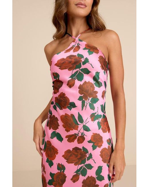 Lulus Malito Rose Print Satin Lace-Up Maxi Dress in Pink | Lyst