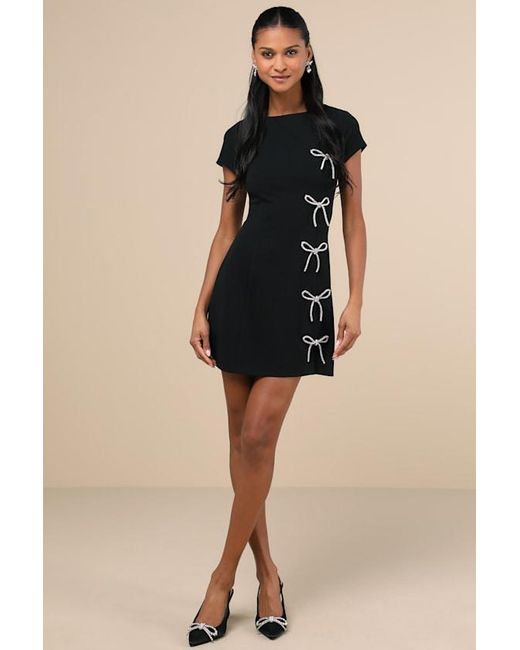 Lulus Black Endearing Sparkle Rhinestone Bow Mini Dress