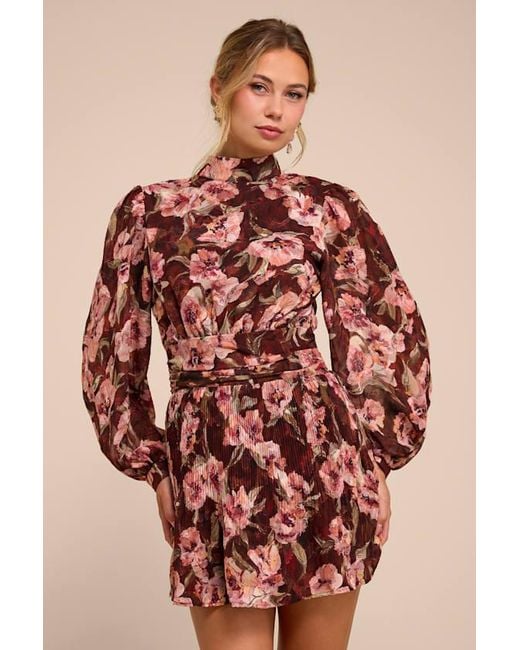 Lulus Red Ayveen Floral Burnout Balloon Sleeve Mini Dress