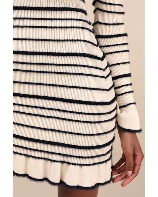 Lulus Gray Cozy Outlook Fuzzy Striped Long Sleeve Sweater Mini Dress